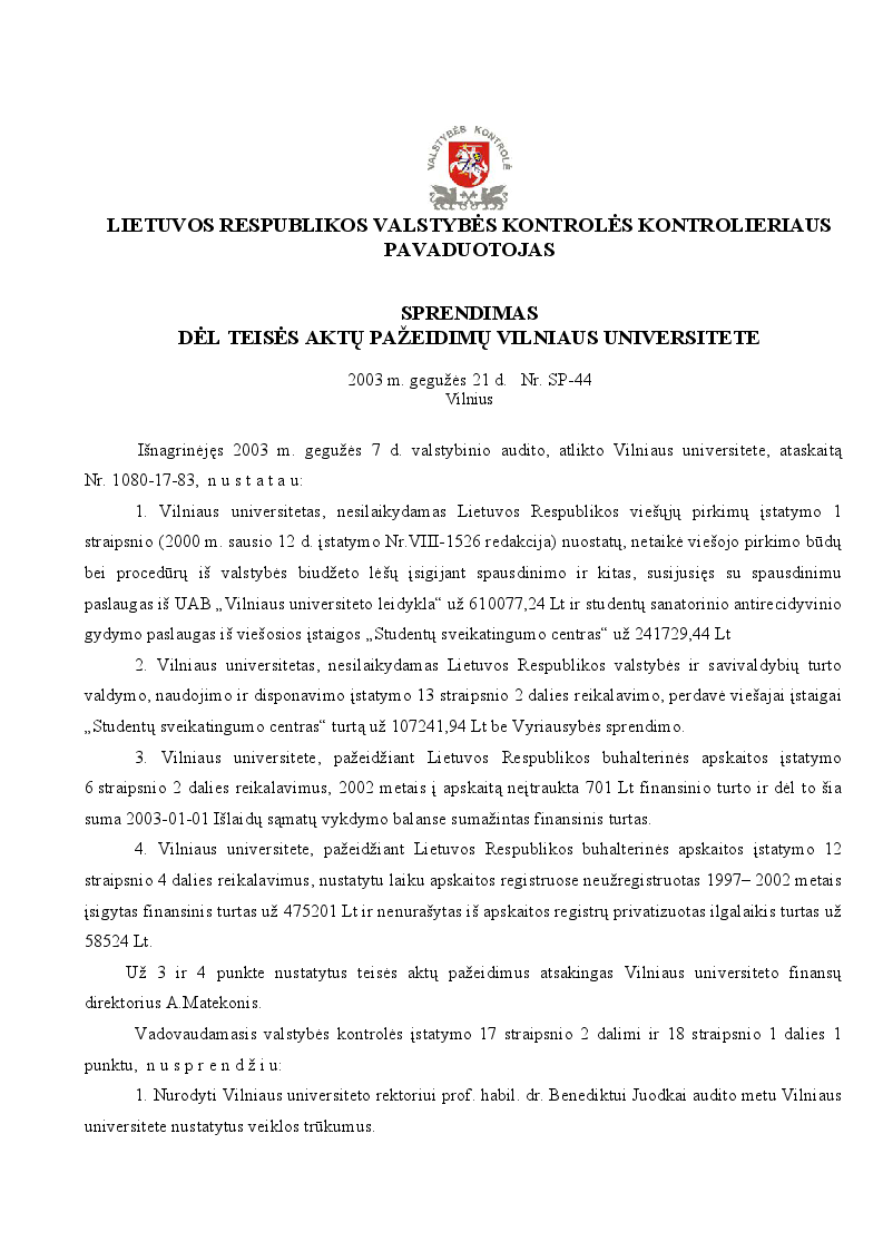 Sprendimas dėl teisės aktų pažeidimų Vilniaus universitete