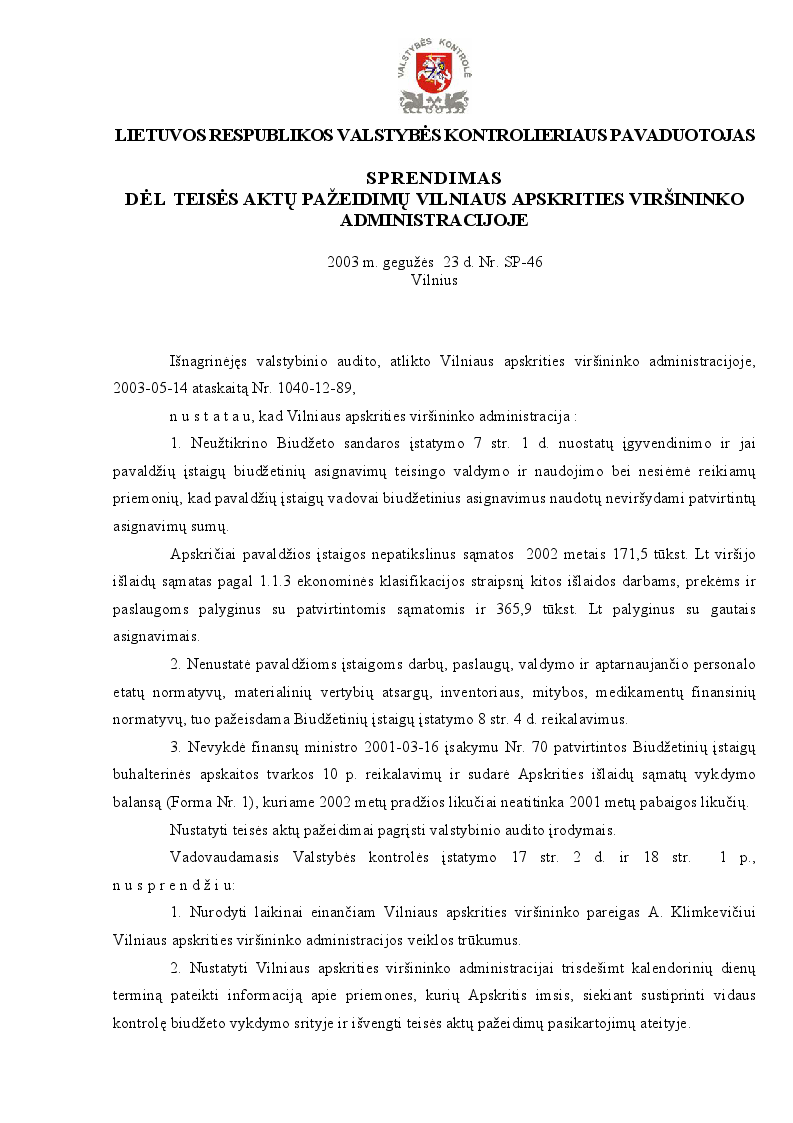 Sprendimas dėl teisės aktų pažeidimų Vilniaus apskrities viršininko administracijoje