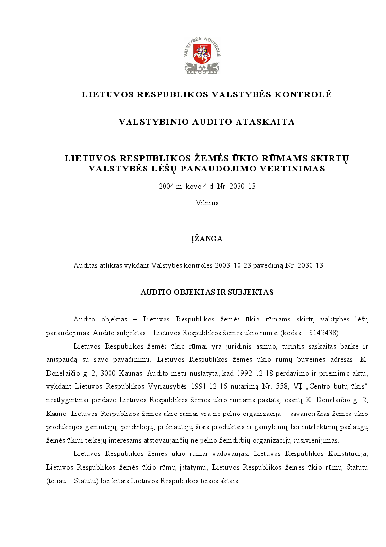 Lietuvos Respublikos žemės ūkio rūmams skirtų valstybės lėšų panaudojimo vertinimas