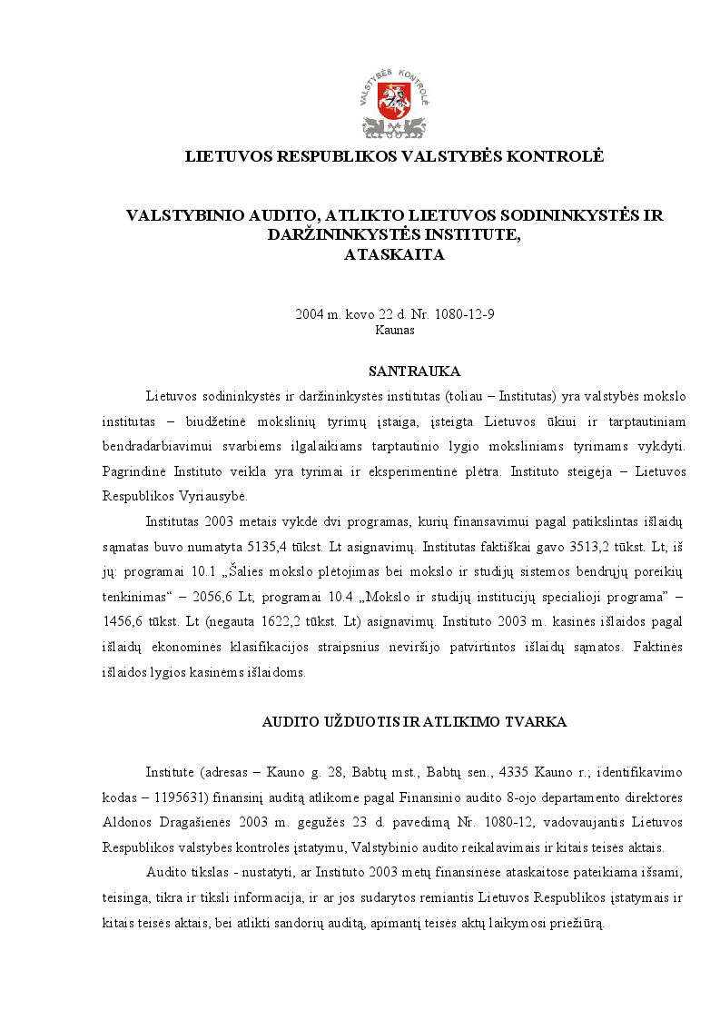 Valstybinio audito, atlikto Lietuvos sodininkystės ir daržininkystės institute, ataskaita