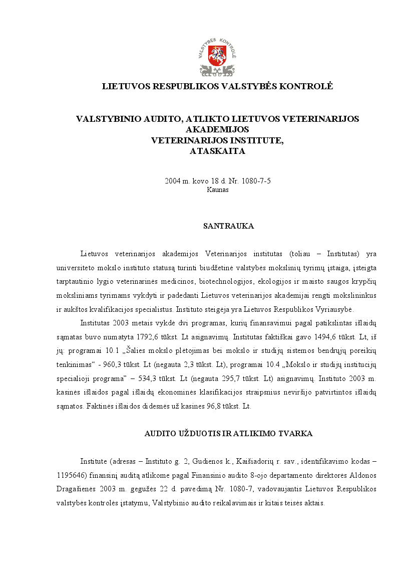 Valstybinio audito, atlikto Lietuvos veterinarijos akademijos Veterinarijos institute, ataskaita