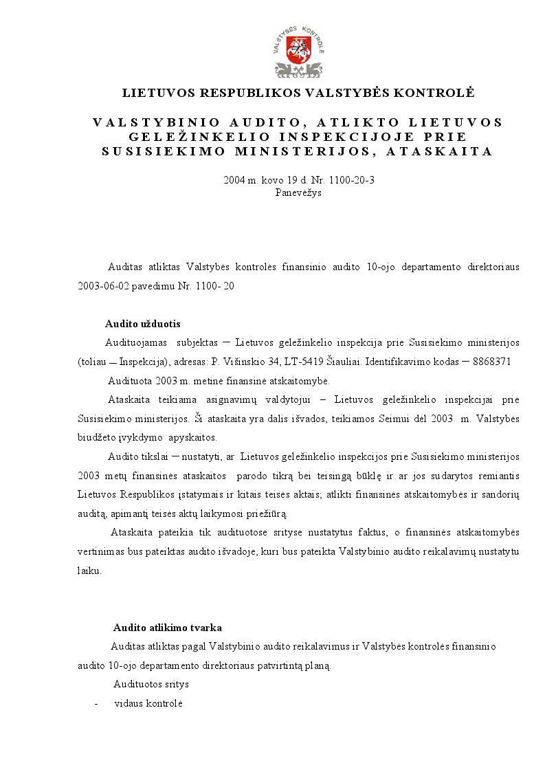 Valstybinio audito, atlikto Lietuvos geležinkelio inspekcijoje prie Susisiekimo ministerijos, ataskaita