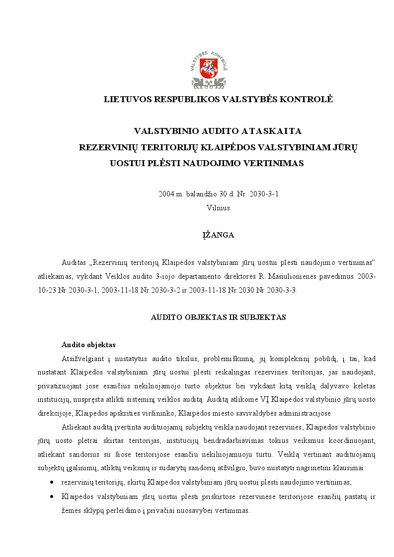 Rezervinių teritorijų Klaipėdos valstybiniam jūrų uostui plėsti naudojimo vertinimas
