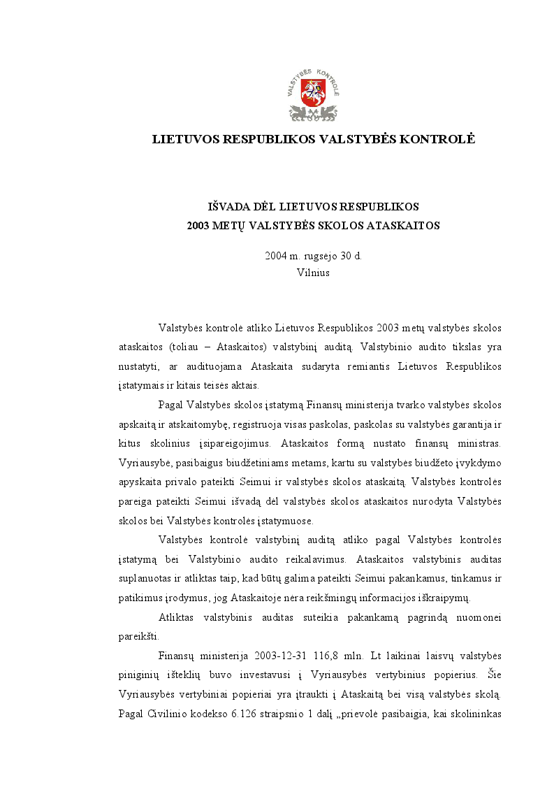 Išvada dėl Lietuvos Respublikos 2003 metų valstybės skolos ataskaitos
