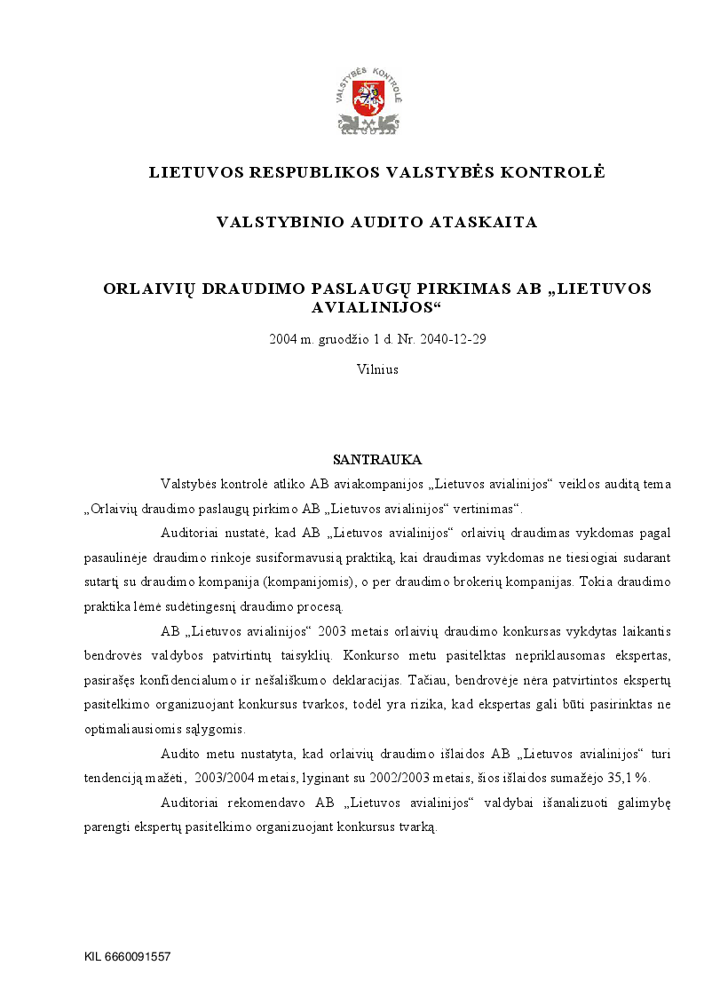 Orlaivių draudimo paslaugų pirkimas AB „Lietuvos avialinijos“