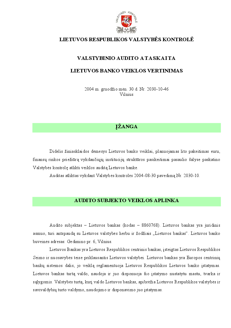 Lietuvos banko veiklos vertinimas