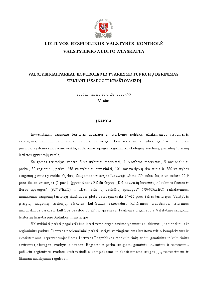 Valstybiniai parkai: kontrolės ir tvarkymo funkcijų derinimas, siekiant išsaugoti kraštovaizdį