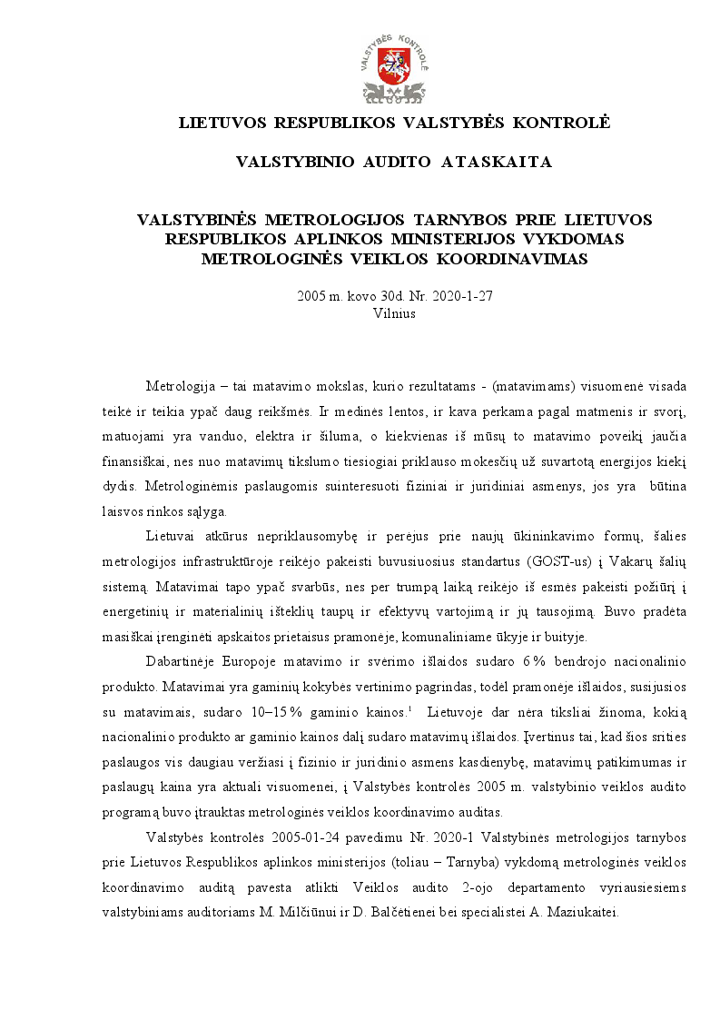 Valstybinės  metrologijos tarnybos prie  Lietuvos Respublikos aplinkos ministerijos vykdomas metrologinės veiklos koordinavimas