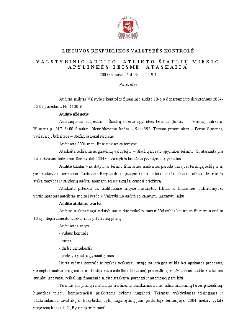 Valstybinio audito, atlikto Šiaulių miesto apylinkės teisme, ataskaita