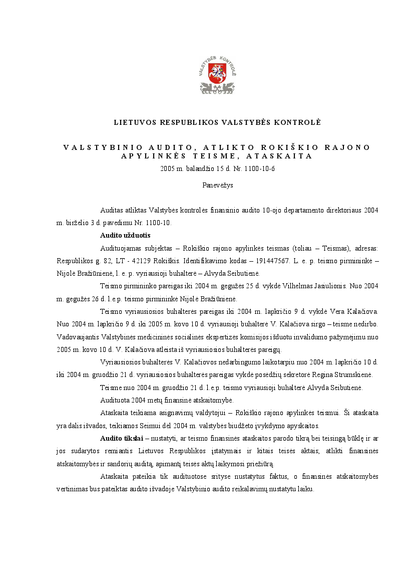 Valstybinio audito, atlikto Rokiškio rajono apylinkės teisme, ataskaita