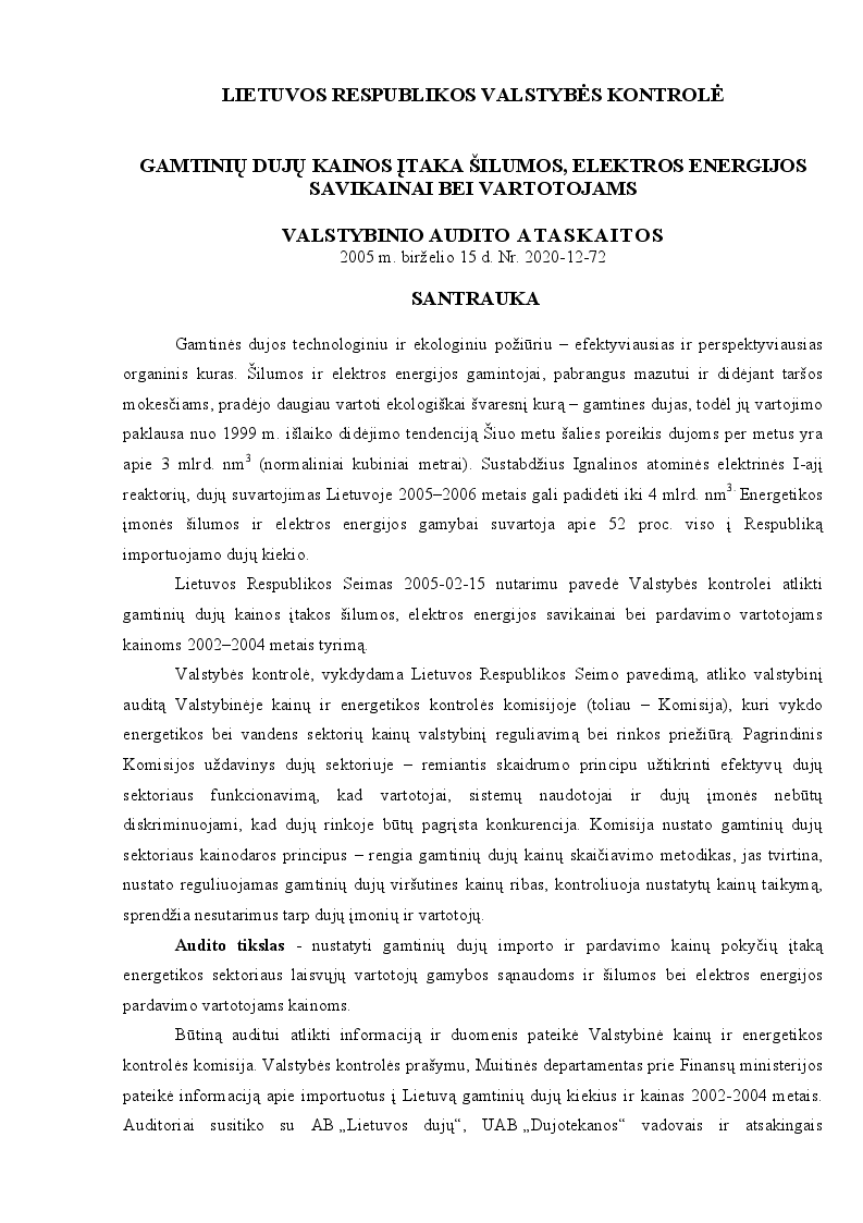 Veiklos audito "Gamtinių dujų kainos įtaka šilumos, elektros energijos savikainai bei vartotojams" ataskaitos santrauka