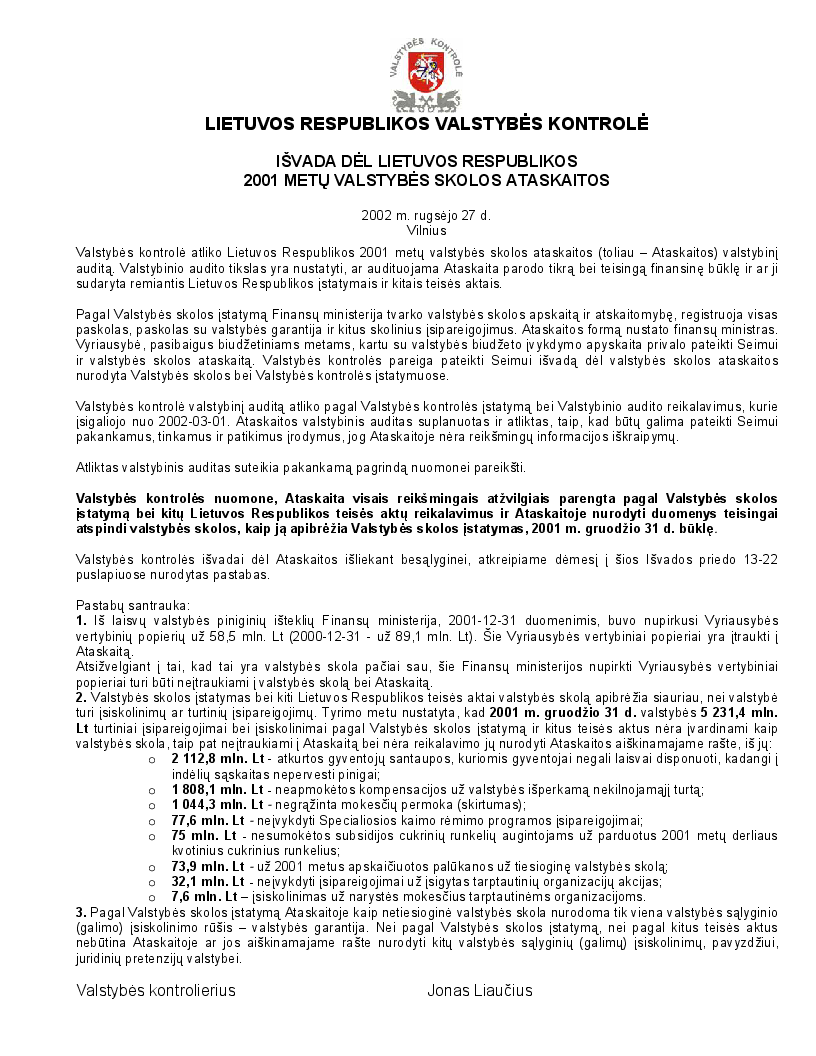 Išvada dėl Lietuvos Respublikos 2001 metų valstybės skolos ataskaitos
