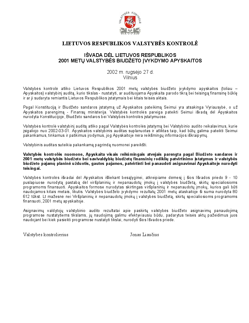 Išvada dėl Lietuvos Respublikos 2001 metų valstybės biudžeto įvykdymo apyskaitos