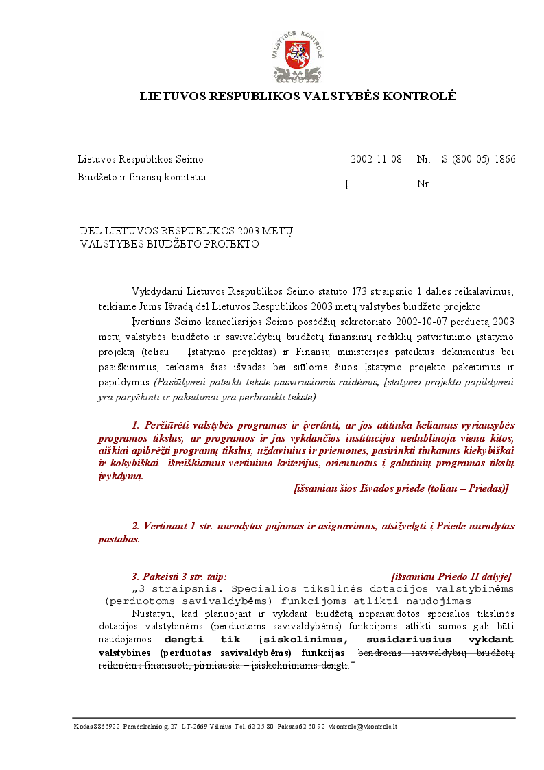 Išvada dėl Lietuvos Respublikos 2003 metų valstybės biudžeto projekto