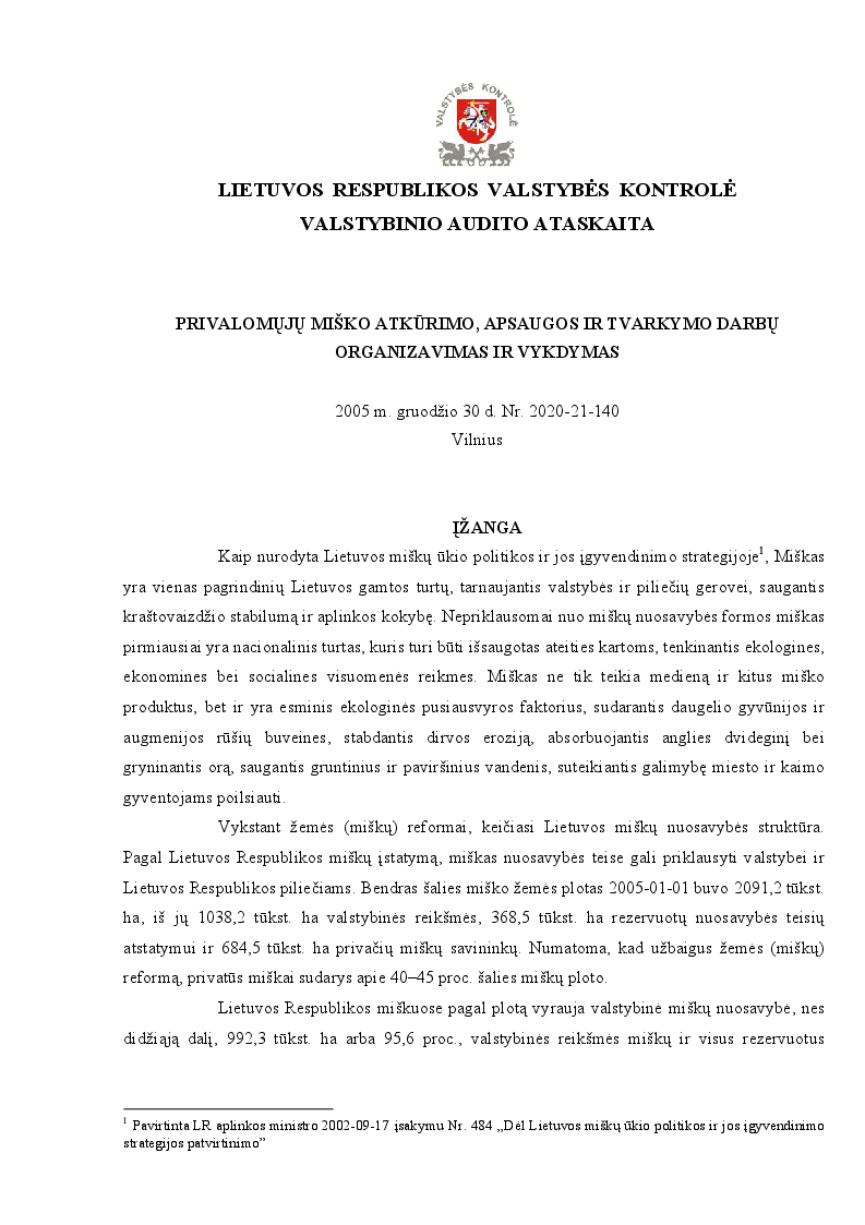 Privalomųjų miško atkūrimo, apsaugos ir tvarkymo darbų organizavimas ir vykdymas