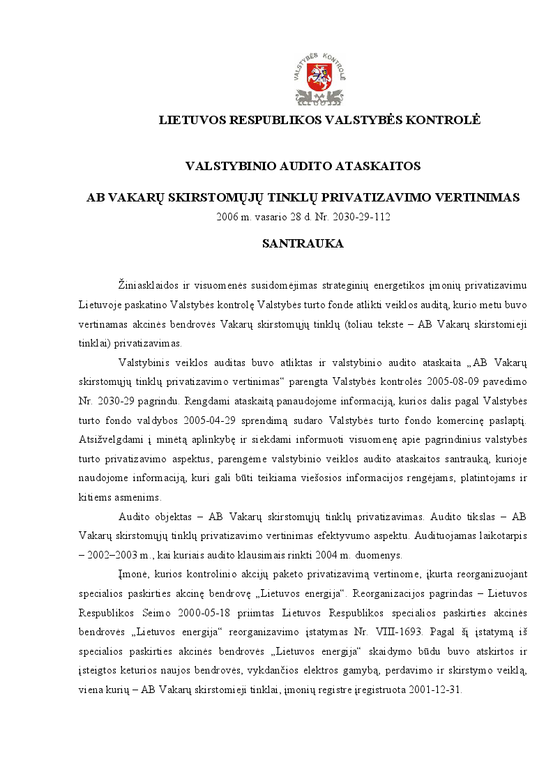 AB Vakarų skirstomųjų tinklų privatizavimo vertinimas
