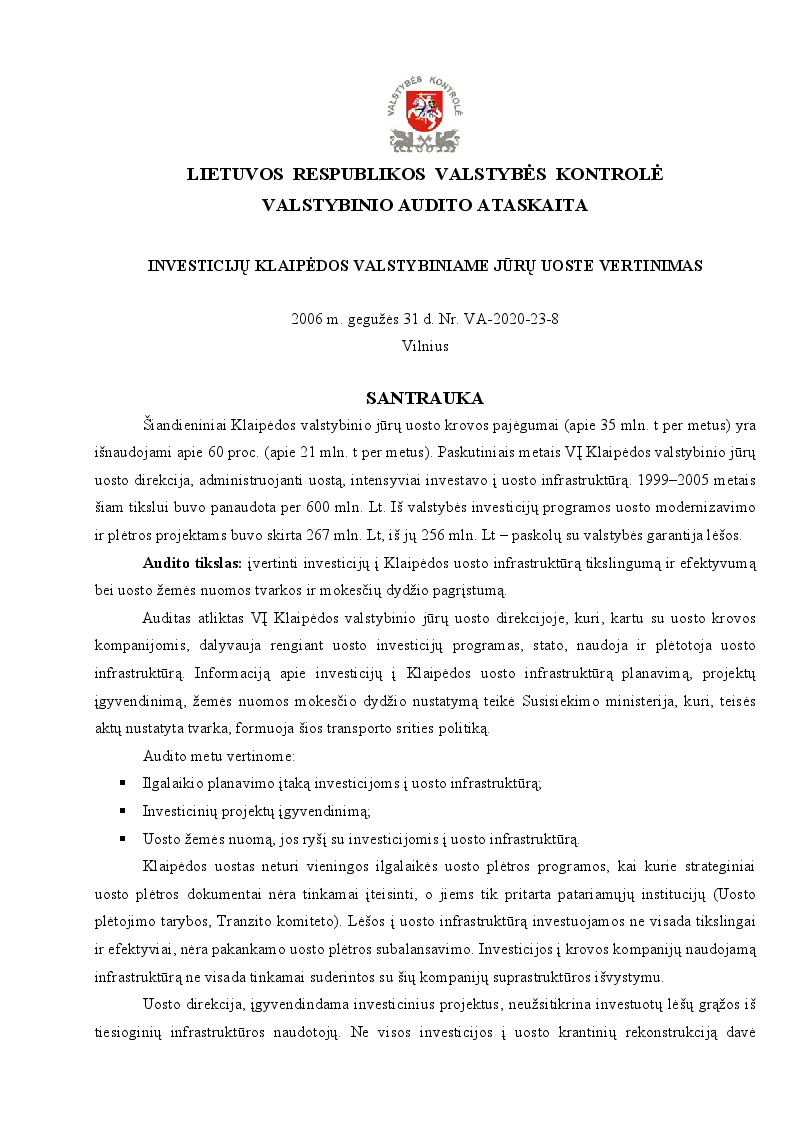 Investicijų Klaipėdos valstybiniame jūrų uoste vertinimas
