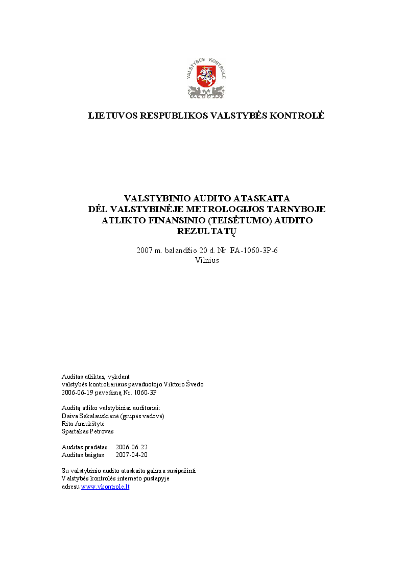 Dėl Valstybinėje metrologijos tarnyboje atlikto finansinio (teisėtumo) audito rezultatų