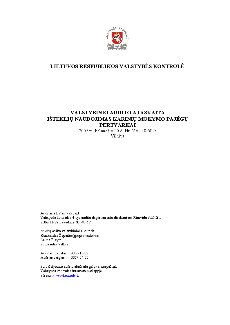 Išteklių naudojimas karinių mokymo pajėgų pertvarkai