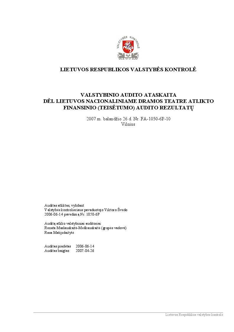 Dėl Lietuvos nacionaliniame dramos teatre atlikto finansinio (teisėtumo) audito rezultatų
