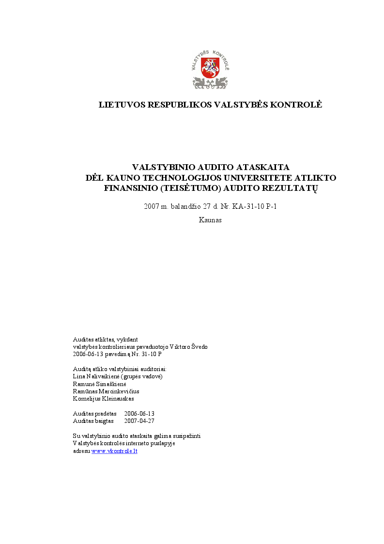 Dėl Kauno technologijos universitete  atlikto finansinio (teisėtumo) audito rezultatų