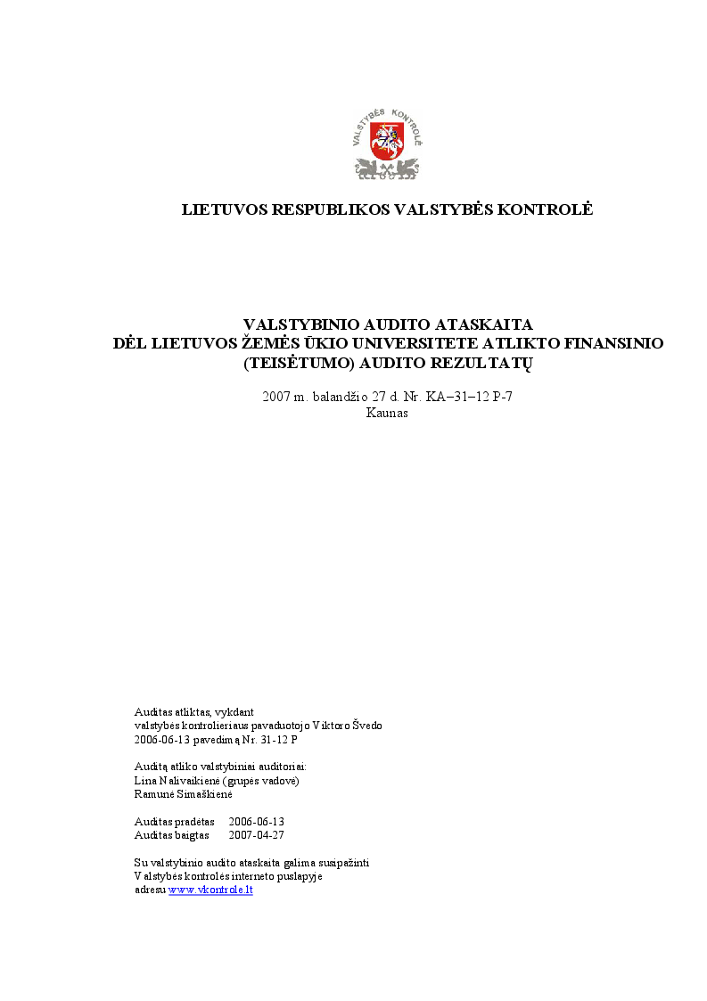 Dėl Lietuvos žemės ūkio universitete atlikto finansinio (teisėtumo) audito rezultatų