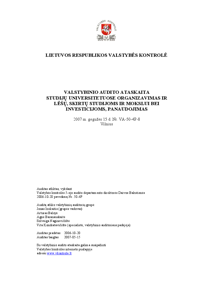 Studijų universitetuose organizavimas ir lėšų, skirtų studijoms ir mokslui bei investicijoms, panaudojimas
