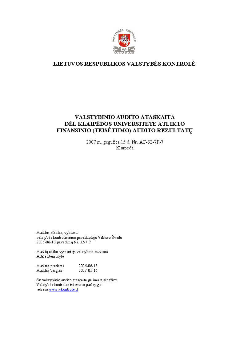 Dėl Klaipėdos universitete atlikto finansinio (teisėtumo) audito rezultatų