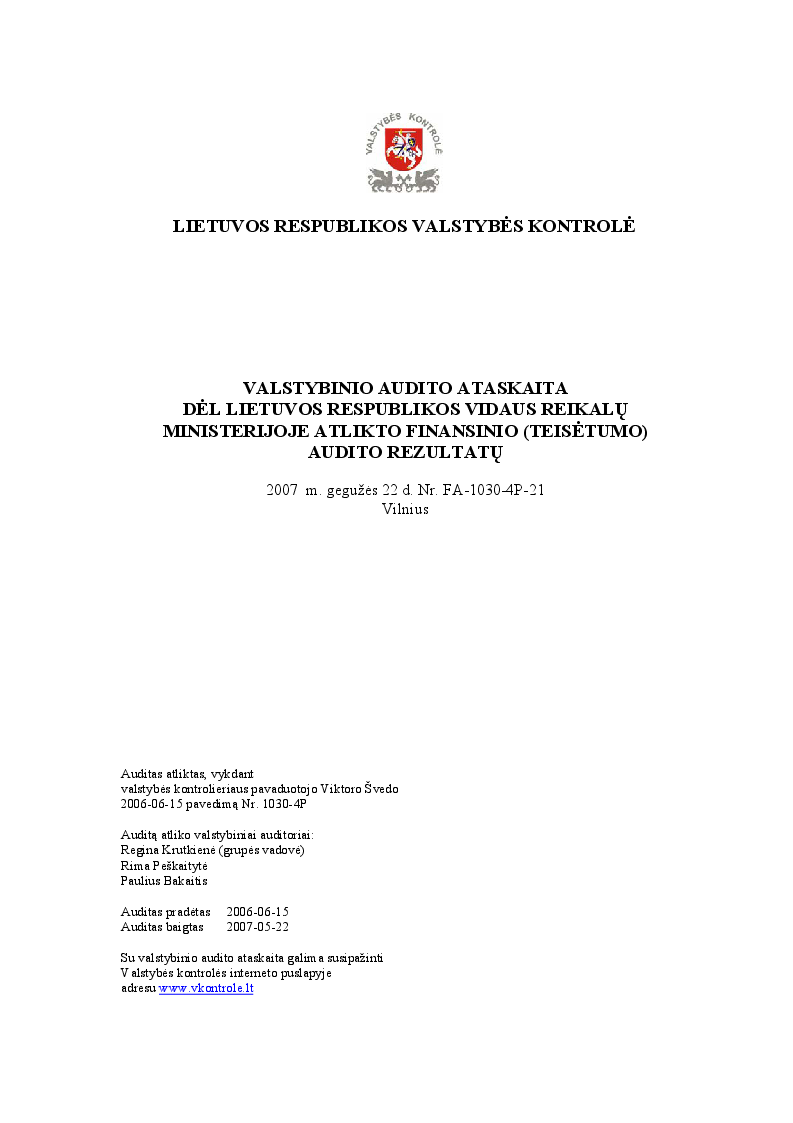 Dėl Lietuvos Respublikos vidaus reikalų ministerijoje atlikto finansinio (teisėtumo) audito rezultatų