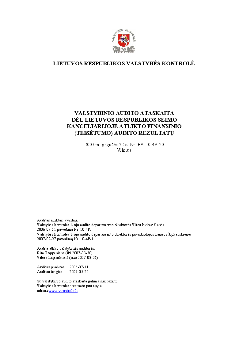 Dėl Lietuvos Respublikos Seimo kanceliarijoje atlikto finansinio (teisėtumo) audito rezultatų