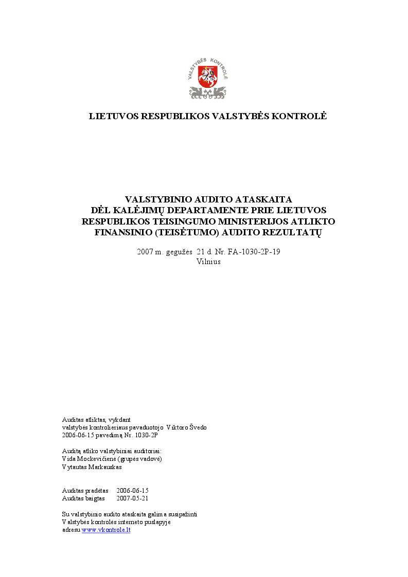 Dėl Kalėjimų departamente prie Lietuvos Respublikos teisingumo ministerijos atlikto finansinio (teisėtumo) audito rezultatų
