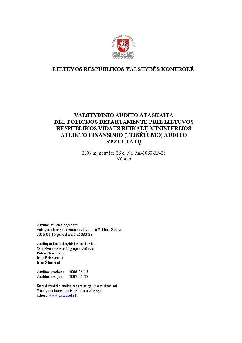 Dėl Policijos departamente prie Lietuvos Respublikos vidaus reikalų ministerijos atlikto finansinio (teisėtumo) audito rezultatų