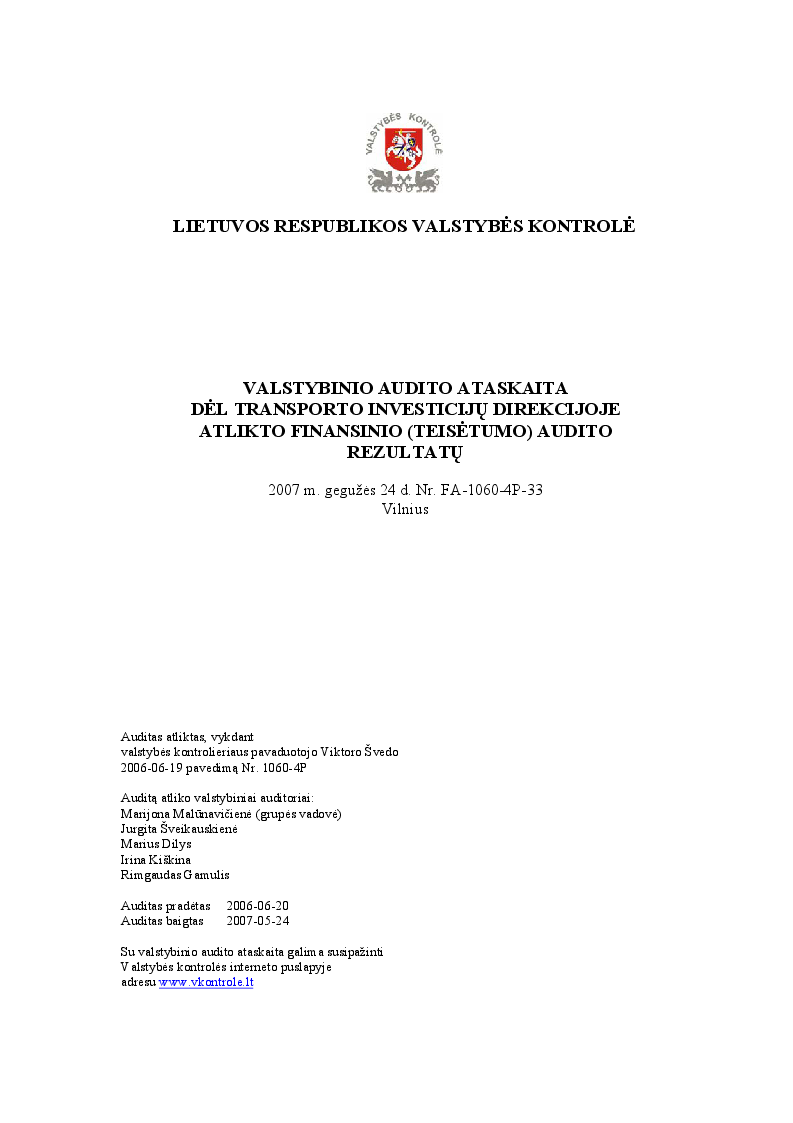 Dėl Transporto investicijų direkcijoje atlikto finansinio (teisėtumo) audito rezultatų