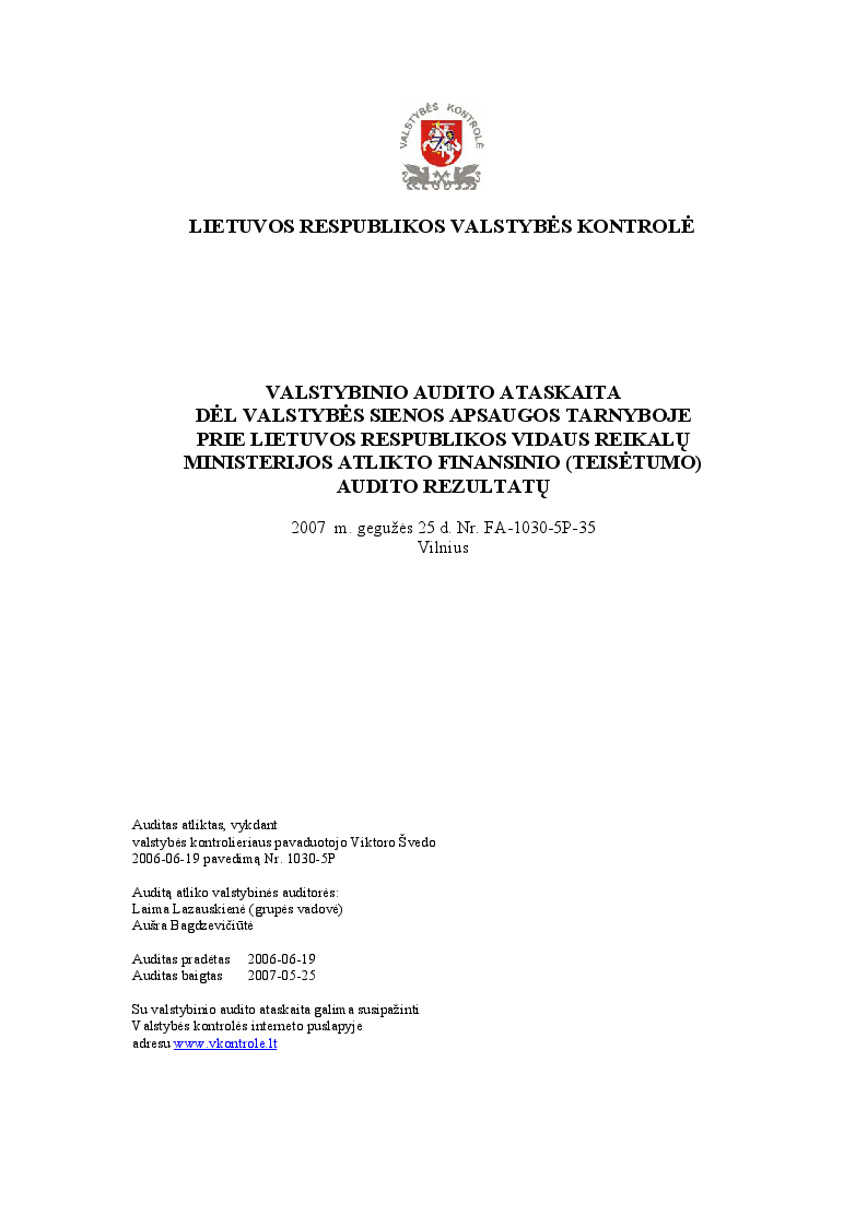 Dėl Valstybės sienos apsaugos tarnyboje prie Lietuvos Respublikos vidaus reikalų ministerijos  atlikto finansinio (teisėtumo) audito rezultatų