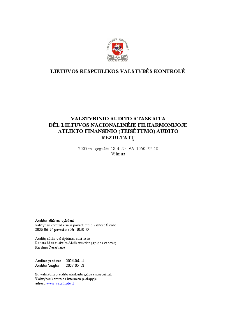 Dėl Lietuvos nacionalinėje filharmonijoje atlikto finansinio (teisėtumo) audito rezultatų