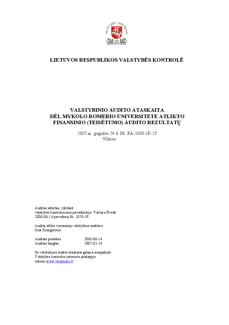 Dėl Mykolo Romerio universitete atlikto finansinio (teisėtumo) audito rezultatų