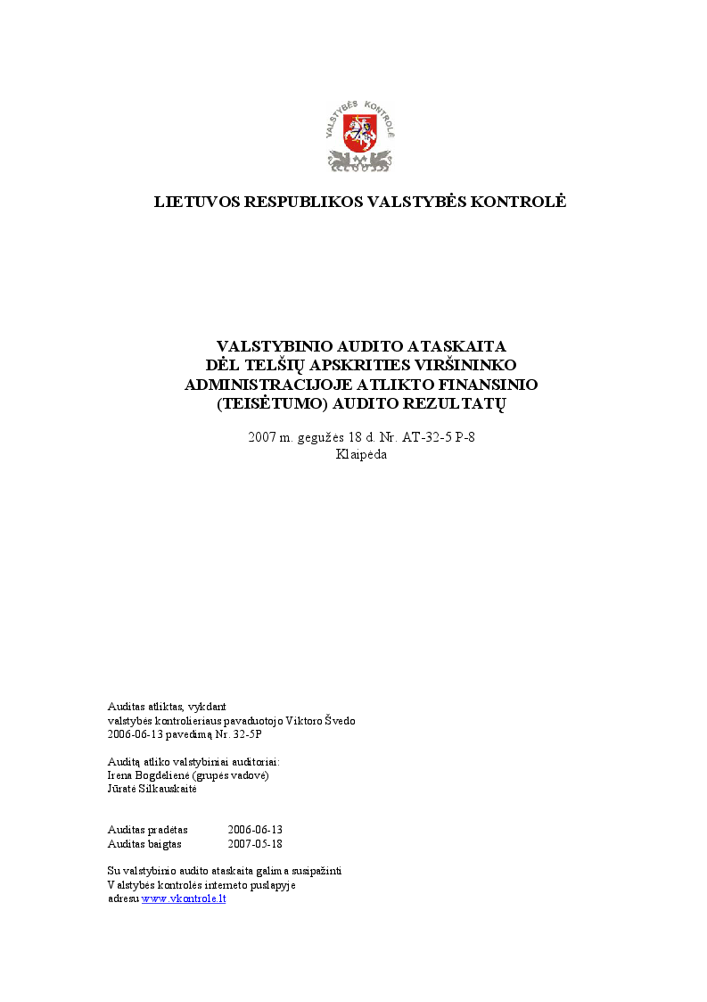 Dėl Telšių apskrities viršininko administracijoje atlikto finansinio (teisėtumo) audito rezultatų