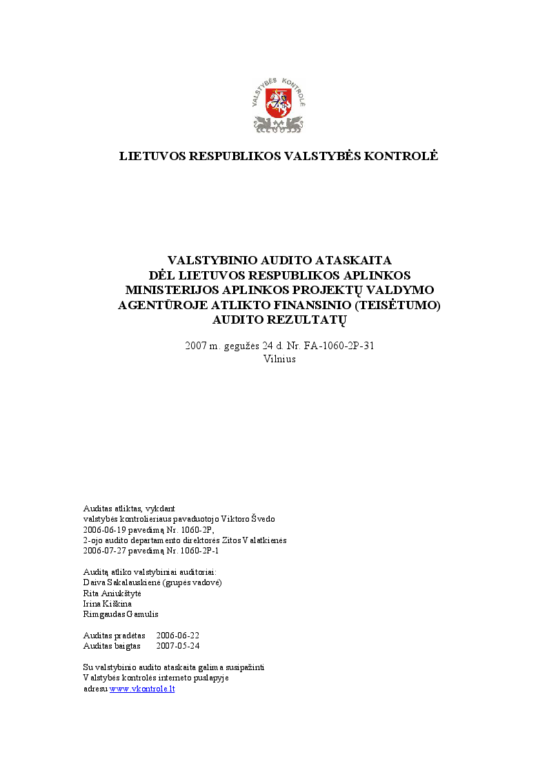 Dėl Lietuvos Respublikos aplinkos ministerijos Aplinkos projektų valdymo agentūroje atlikto finansinio (teisėtumo) audito rezultatų