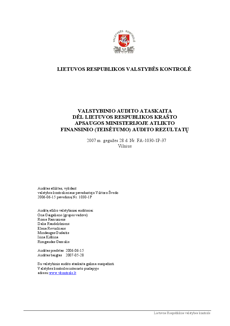 Dėl Lietuvos Respublikos krašto apsaugos ministerijoje atlikto finansinio (teisėtumo) audito rezultatų