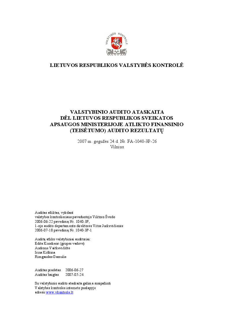 Dėl Lietuvos Respublikos sveikatos apsaugos ministerijoje atlikto finansinio (teisėtumo) audito rezultatų