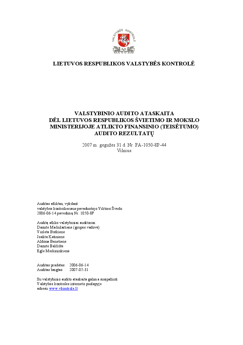 Dėl Lietuvos Respublikos švietimo ir mokslo ministerijoje atlikto finansinio (teisėtumo) audito rezultatų