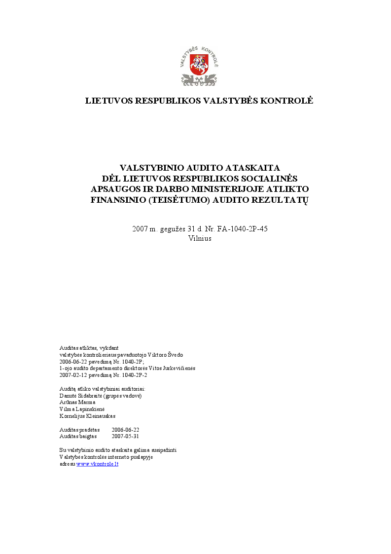 Dėl Lietuvos Respublikos socialinės apsaugos ir darbo ministerijoje atlikto finansinio (teisėtumo) audito rezultatų