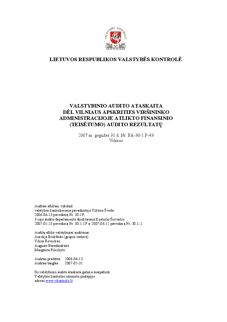 Dėl Vilniaus apskrities viršininko administracijoje atlikto finansinio (teisėtumo) audito rezultatų