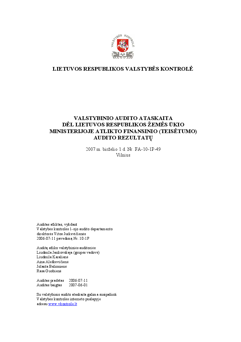 Dėl Lietuvos Respublikos žemės ūkio ministerijoje atlikto finansinio (teisėtumo) audito rezultatų