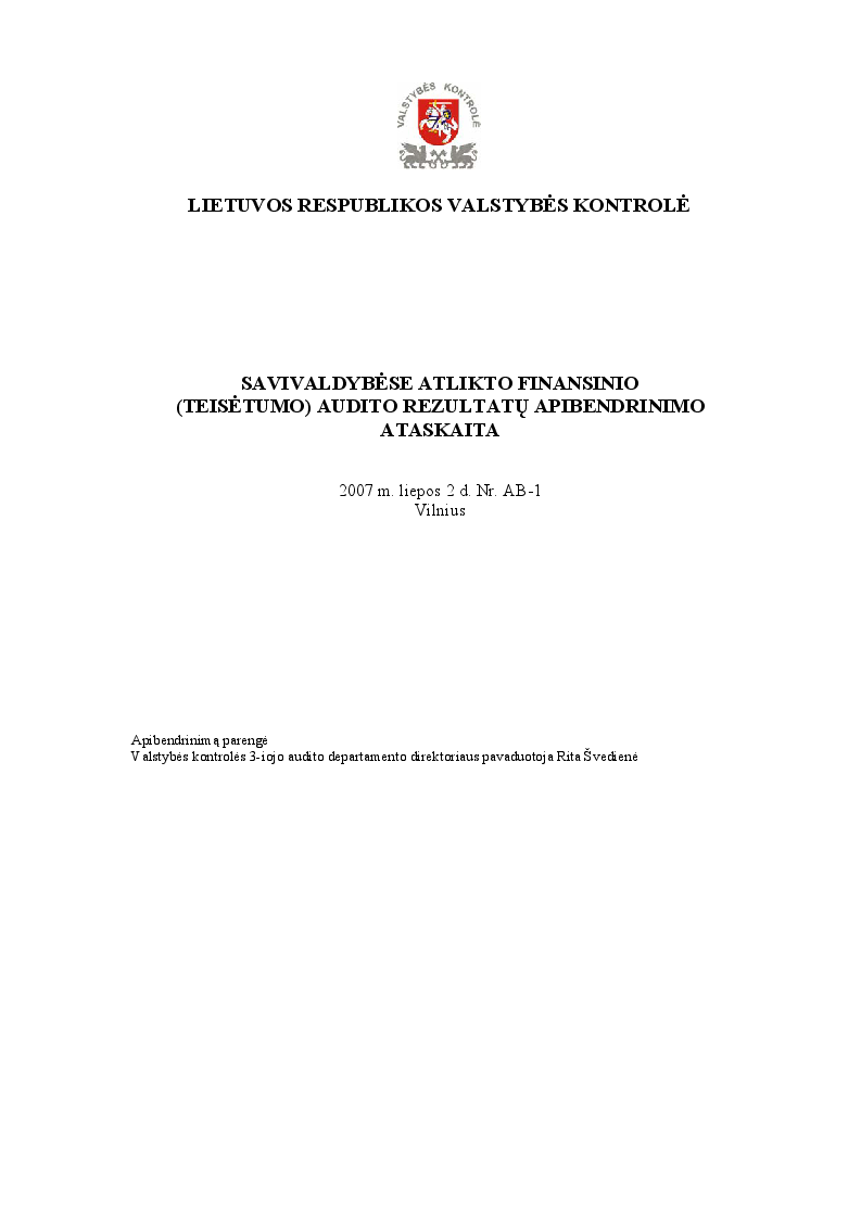 Savivaldybėse atlikto finansinio (teisėtumo) audito rezultatų apibendrinimo ataskaita