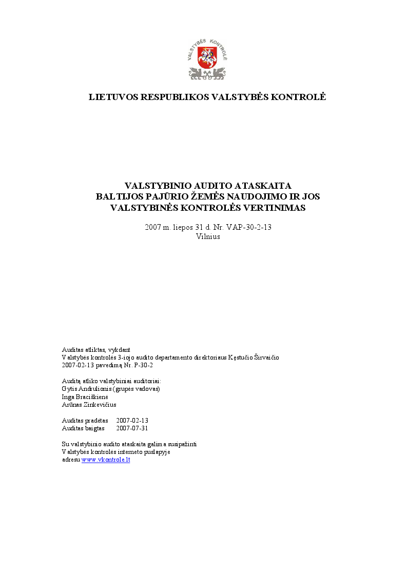 Baltijos pajūrio žemės naudojimo ir jos valstybinės kontrolės vertinimas