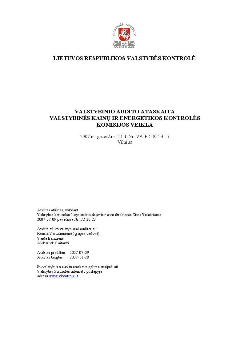 Valstybinės kainų ir energetikos kontrolės komisijos veikla