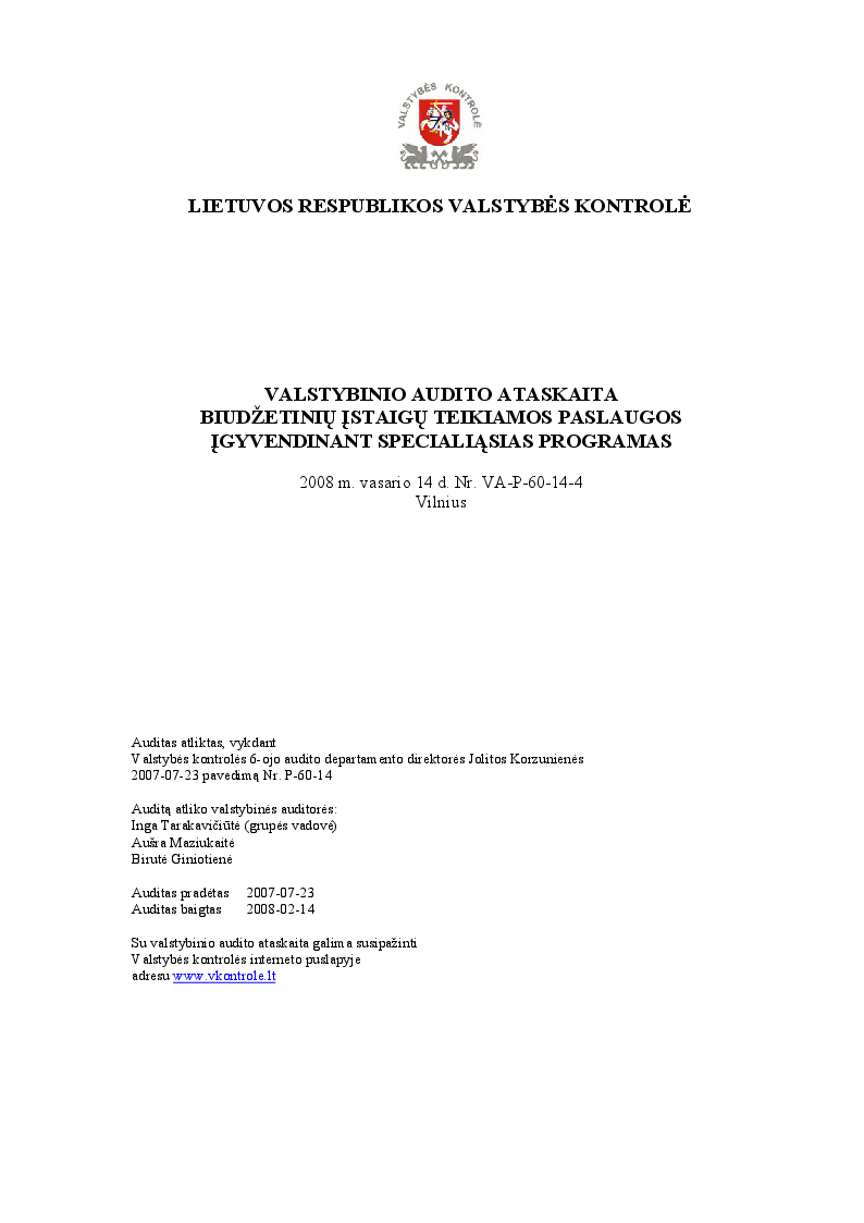 Biudžetinių įstaigų teikiamos paslaugos įgyvendinant specialiąsias programas