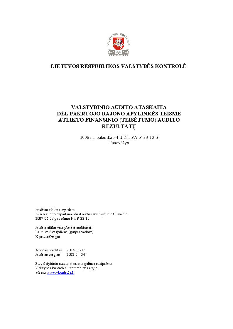 Dėl Pakruojo rajono apylinkės teisme atlikto finansinio (teisėtumo) audito rezultatų