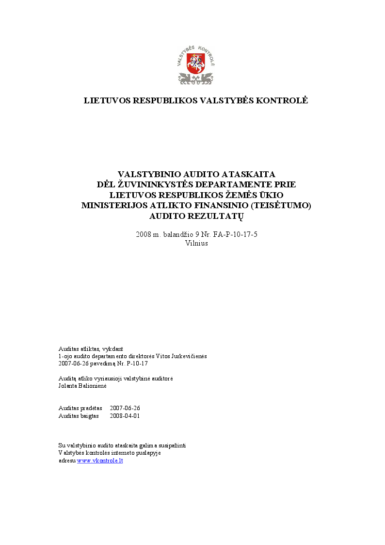 Dėl Žuvininkystės departamente prie Lietuvos Respublikos žemės ūkio ministerijos atlikto finansinio (teisėtumo) audito rezultatų